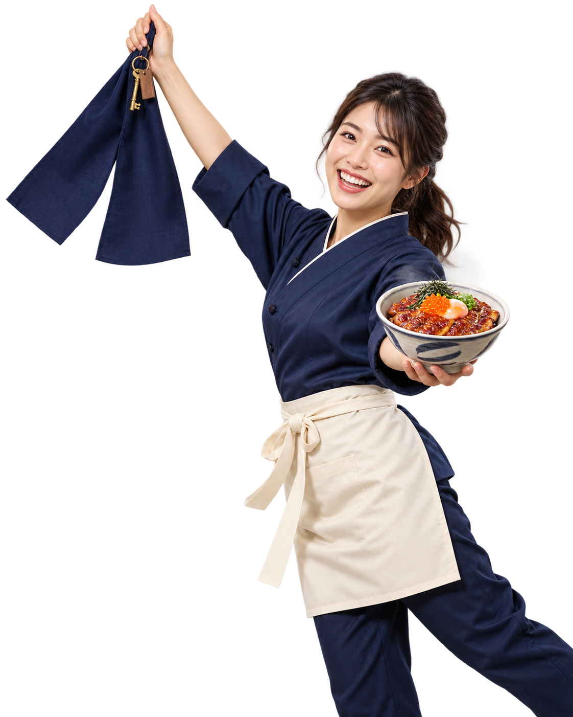 料理と店の鍵を手に笑顔を見せる次の担い手