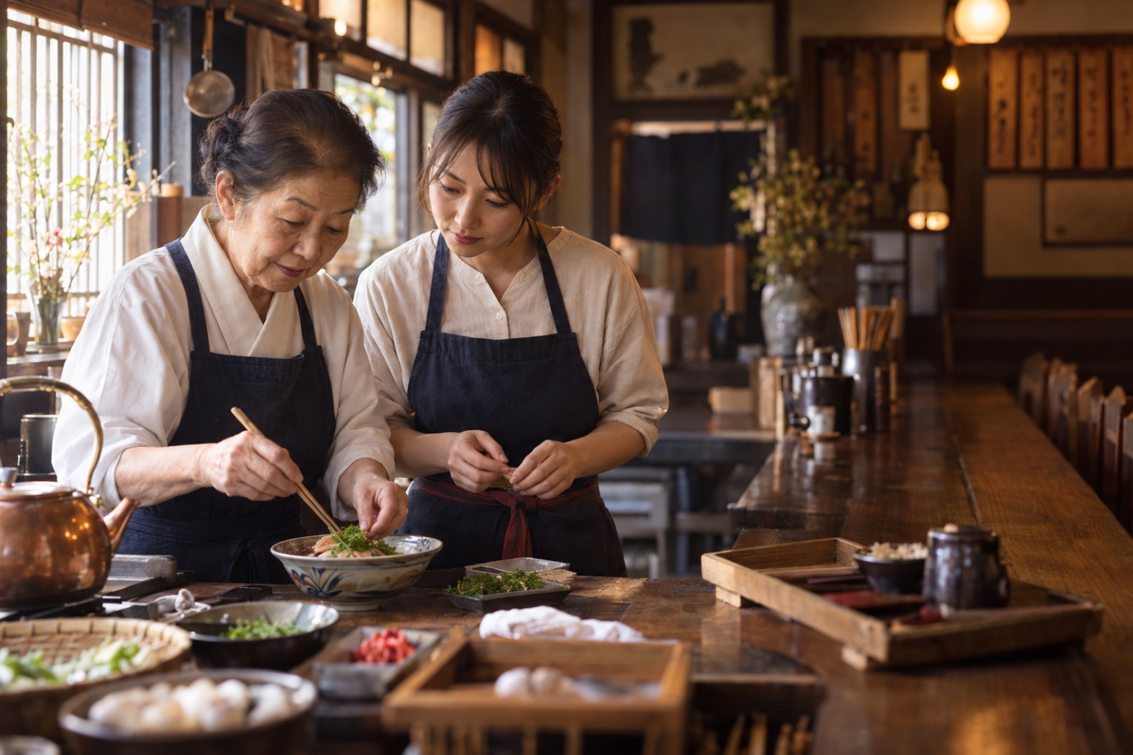 経験ある飲食店主から次の担い手へ調理技術を伝える様子